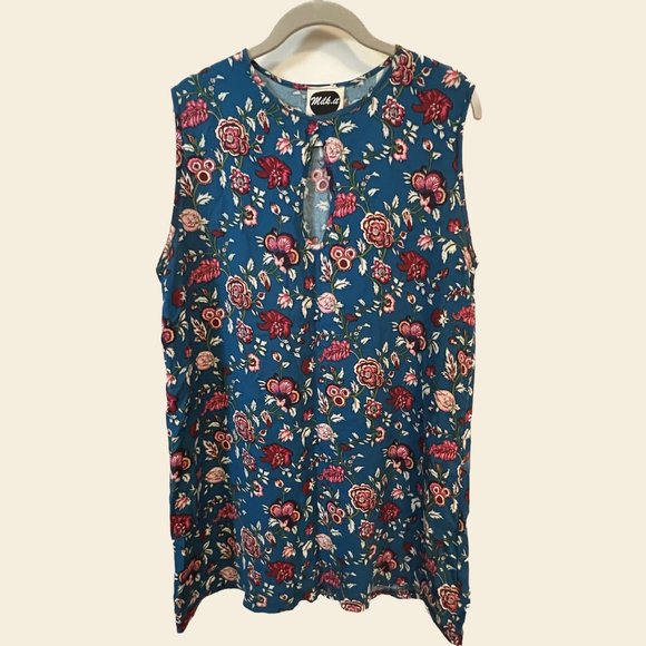 Milk It Vintage Blue Floral Fabric Shift Dress with tear drop cutout sz M - Picture 1 of 5